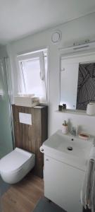 a bathroom with a white sink and a mirror at Mobile home Greta in Klenovica