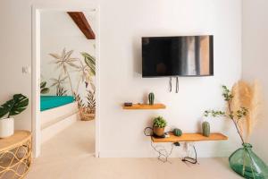 een woonkamer met een tv aan een muur met cactus bij Le bohème du Panier in Marseille