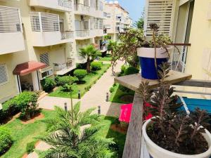 un cortile con palme e piante su un balcone di Séjour avec piscine proche de la mer a Tamaris
