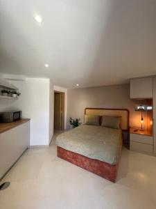 1 dormitorio con 1 cama y cocina en Casas da Corujeira en Oporto