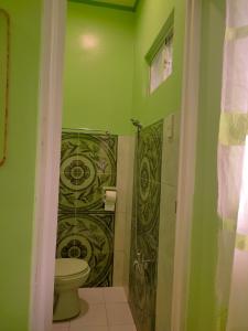 a bathroom with a toilet and a green wall at BARRIL GREEN HOMESTAY in Batuan