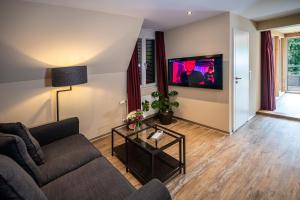 a living room with a couch and a tv on the wall at Swiss Inn & Apartments in Interlaken