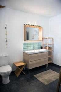 a bathroom with a toilet and a sink at Ocean Garden Surf Lodge in Capbreton