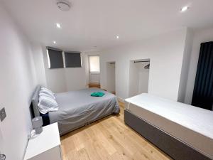 1 dormitorio con 2 camas y TV. en Massive Flat Near Greenwich Park( with office), en Londres
