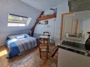 um quarto com uma cama e uma cozinha com um lavatório em Cosy Home à la campagne proche des grandes agglomérations parisiennes em Richarville
