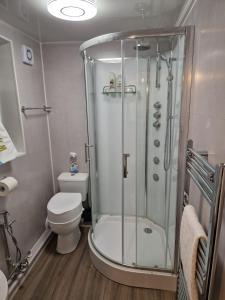 uma casa de banho com um chuveiro e um WC. em Chester Le Street's Emerald 3 Bed House em Chester-le-Street