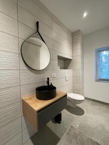 bagno con lavandino, servizi igienici e specchio di AEGIDA BEACHFRONT apartment a Capodistria