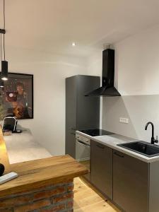 a kitchen with a stainless steel refrigerator and a sink at AEGIDA BEACHFRONT apartment in Koper