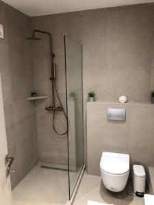 a bathroom with a shower and a toilet at Anastasia Suite/byArtistUnknown in Vari