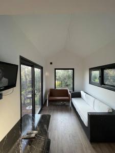a living room with a white couch and a tv at Secret Tiny Houses in Mudanya