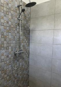 uma casa de banho com uma cabeça de chuveiro em A L L E G R I A em Vama Veche