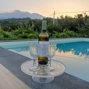 una botella de vino y 2 copas de vino junto a la piscina en Nake Residenza Artistica en SantʼAlfio