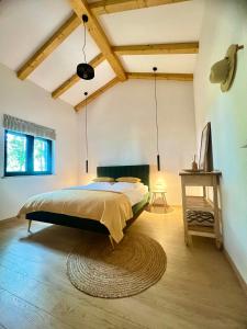 um quarto com uma cama e um tapete no chão em Casa Bosca with heated pool em Sveti Petar u Šumi