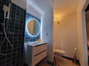 La salle de bains est pourvue d'un lavabo, de toilettes et d'un miroir. dans l'établissement Caz'à Boucan, à Saint-Gilles les Bains