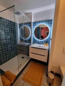 y baño con ducha, lavabo y espejo. en Caz'à Boucan en Saint-Gilles-les-Bains