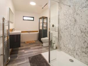 a bathroom with a shower and a toilet and a sink at No1 The Lodge in Bishops Castle +27 photos