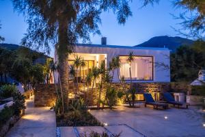 een huis met een palmboom en een patio bij Unforgettable Tinos beach houses complex in Agios Ioannis