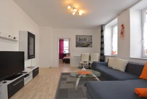 索內貝格的住宿－Ferienwohnungen Sonneberg，客厅配有蓝色的沙发和电视