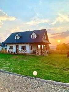 a house with a blue roof on a grass field at Zagroda na Borach - Domek in Jabłonka