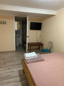 a bedroom with a bed and a desk and a television at Гостиный Дом Comfort in Reni