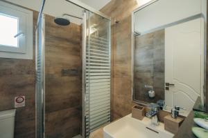 a bathroom with a shower and a sink and a mirror at Erifili Houses in Faros