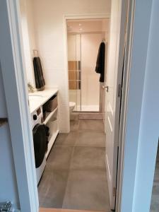 uma casa de banho com um chuveiro, um lavatório e um WC. em Preciosos apartamentos Riojaland en Lardero em Lardero