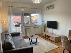 uma sala de estar com um sofá e uma televisão de ecrã plano em Sunny apartment em Vršac