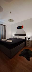 a bedroom with a large bed with a black bedspread at Dama Apartment in Senj