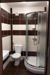 a bathroom with a toilet and a shower at Dom Gościnny Liść Dębu 
