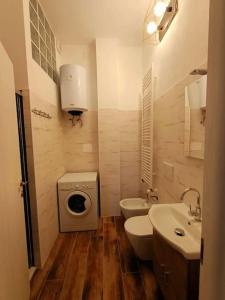 a bathroom with a toilet sink and a washing machine at Appartamento Olivo in Collecorvino