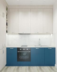a blue kitchen with a sink and a stove at Stacja Baltic Twins in Sztutowo +3 photos