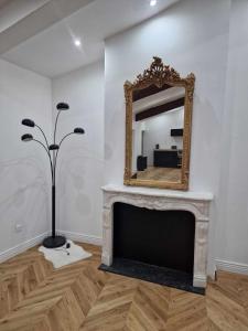 uma sala de estar com um espelho e uma lareira em Royal Univers Appart' em Bessan