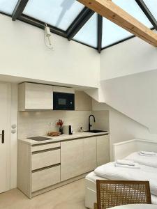 a kitchen with a sink and a counter top at Apartmá Linda 1880 in Karlovy Vary