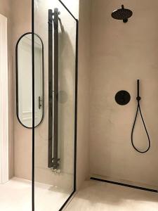 a shower with a glass door in a bathroom at Apartmá Linda 1880 in Karlovy Vary