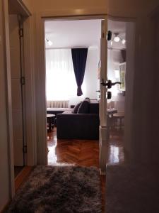 eine offene Tür zu einem Wohnzimmer mit einem Sofa in der Unterkunft Emili apartment in Belgrad