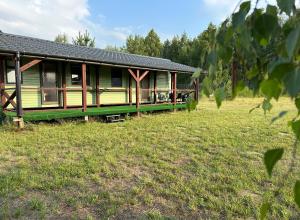 a green house in a field with grass at Domek holenderski in Rydzewo
