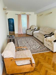 una sala de estar con 2 sofás y una alfombra en Vila Tatiana, en Bîc