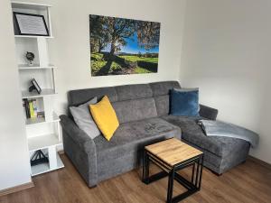 a living room with a gray couch and a table at Horský apartmán Karlovice in Karlovice