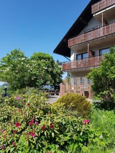 Ein Gebäude mit einem Blumenstrauß davor. in der Unterkunft Hotel Wildenburger Hof in Kempfeld