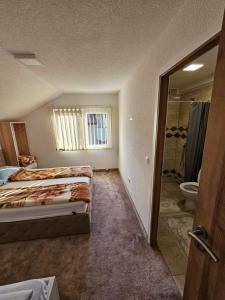 a bedroom with two beds and a bathroom with a shower at Delimustafić apartmani in Visoko