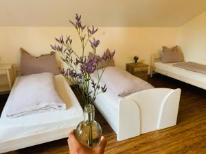 a vase with purple flowers in a room with two beds at Albergue Haid 
