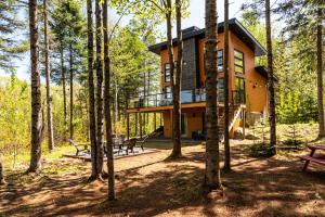 a house in the middle of the woods at Chalet Natür Lakefront - Hot Tub - Fireplace - Ski - Waterfront - Private big land - Pedal Boat in Saint-Alphonse-Rodriguez