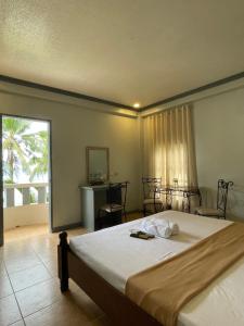 Lalauigan的住宿－La Playita Resort，一间卧室配有一张床、一张书桌和一个窗户。