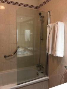 bagno con doccia e porta in vetro di Apartamento Albatros Golf del Sur Apt 257 a San Miguel de Abona