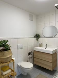 La salle de bains blanche est pourvue de toilettes et d'un lavabo. dans l'établissement Hugo Inn 2, à Stockach