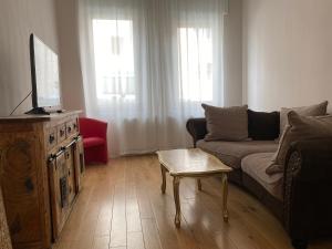 ein Wohnzimmer mit einem Sofa und einem Couchtisch in der Unterkunft Fischbach Apartment in Saarbrücken