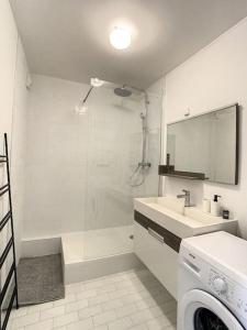 y baño con ducha, lavabo y lavadora. en Maison du ciel, Aéroport, Paris, en Villeparisis