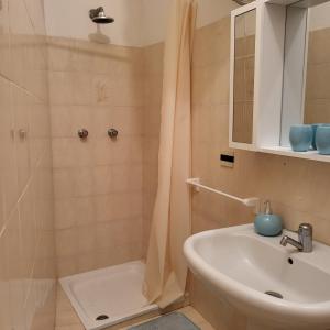 La salle de bains est pourvue d'un lavabo et d'une douche. dans l'établissement Villa am Meer mit fantastischen Panoramablick, 