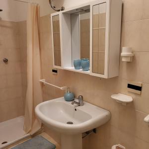 La salle de bains est pourvue d'un lavabo et d'un miroir. dans l'établissement Villa am Meer mit fantastischen Panoramablick, 