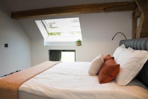 a bedroom with a bed with pillows and a window at B&B Kraneveld in Haacht